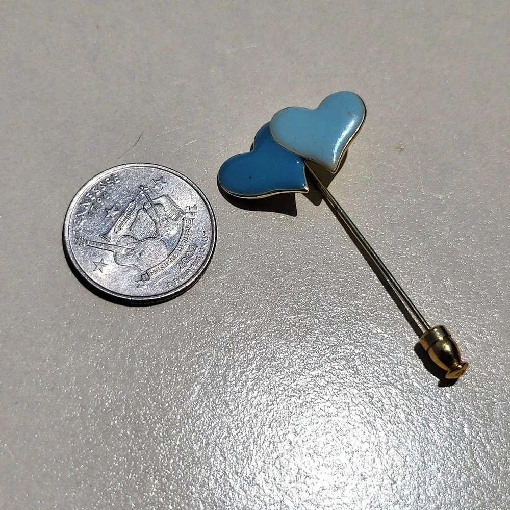 Vintage Enamel Metal Heart Stick Pin Blue Gold Tone Double Heart Lapel Pin